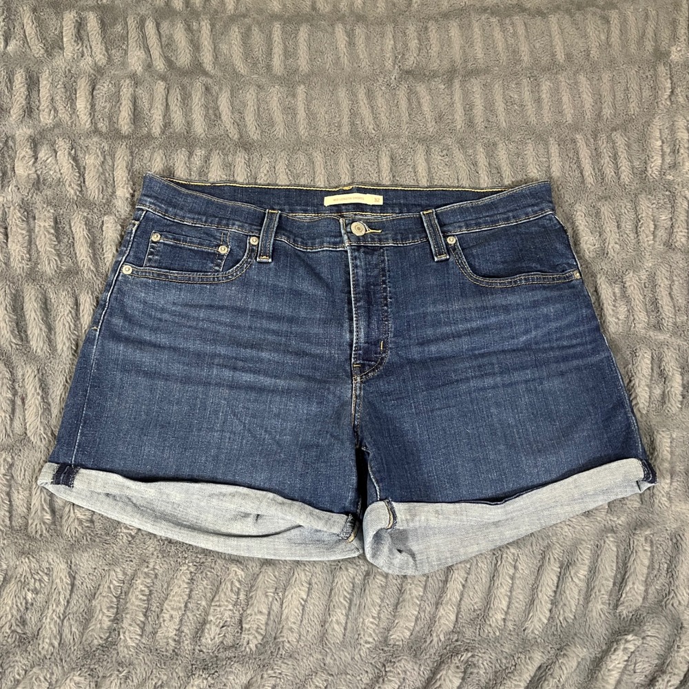 Levis Mid Length Shorts Womens‎ 32 Dark Wash Blue Denim Cuffed Stretch 5-Pocket